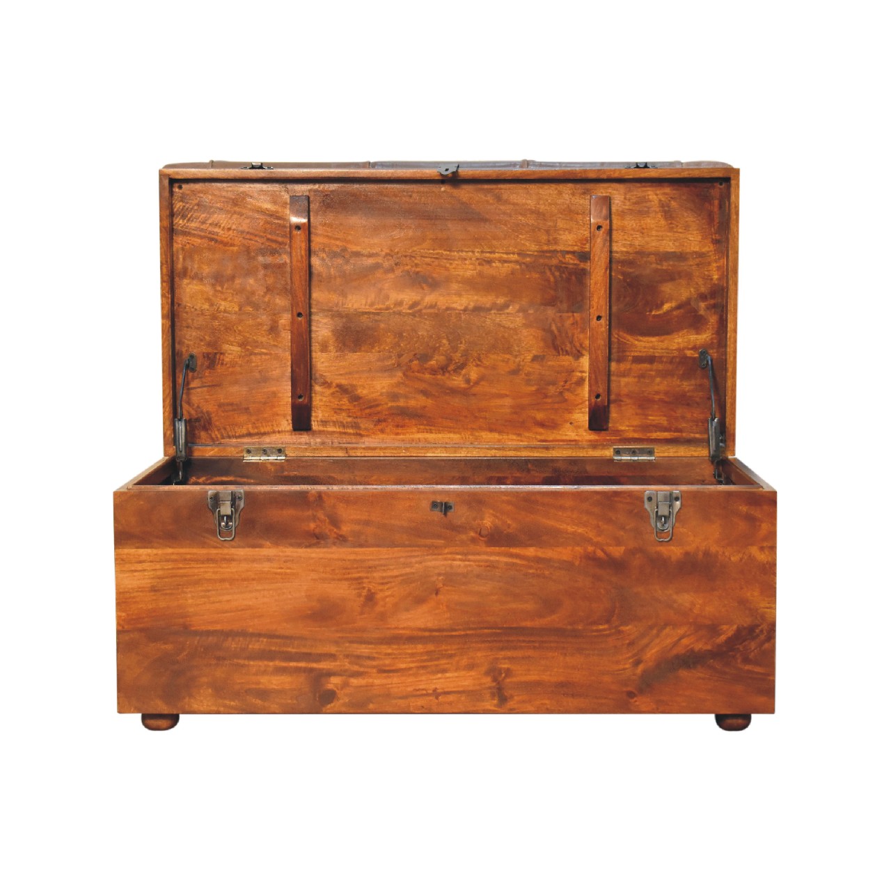 Solid Mango Wood Chestnut Finished Brown Leather Storage Trunk - Image 8