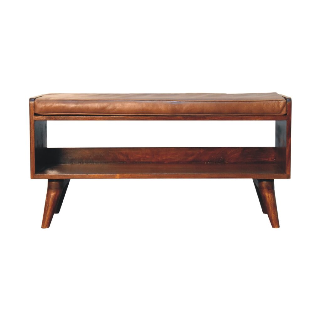 Solid Mango Wood Chestnut Finished Bench with Brown Leather Seatpad