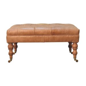 Solid Mango Wood California Walnut Finished Tan Leather Ottoman with Castor Legs