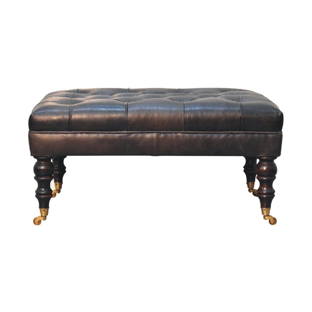 Solid Mango Wood Buffalo Light Walnut Finished Ash Black Leather Ottoman with Castor Legs