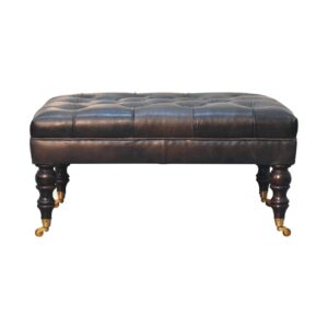 Solid Mango Wood Buffalo Light Walnut Finished Ash Black Leather Ottoman with Castor Legs