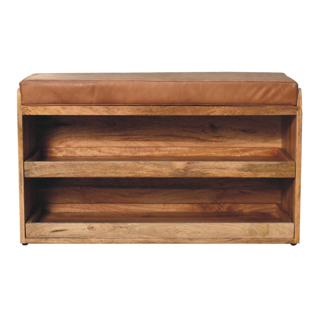 Solid Mango Wood Oak Finished Tan Leather Shoe Storage Bench