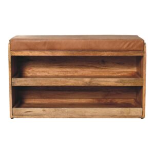 Solid Mango Wood Oak Finished Tan Leather Shoe Storage Bench