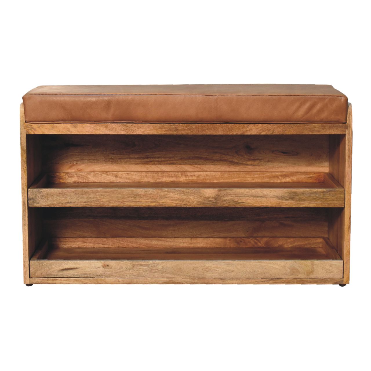 Solid Mango Wood Oak Finished Tan Leather Shoe Storage Bench