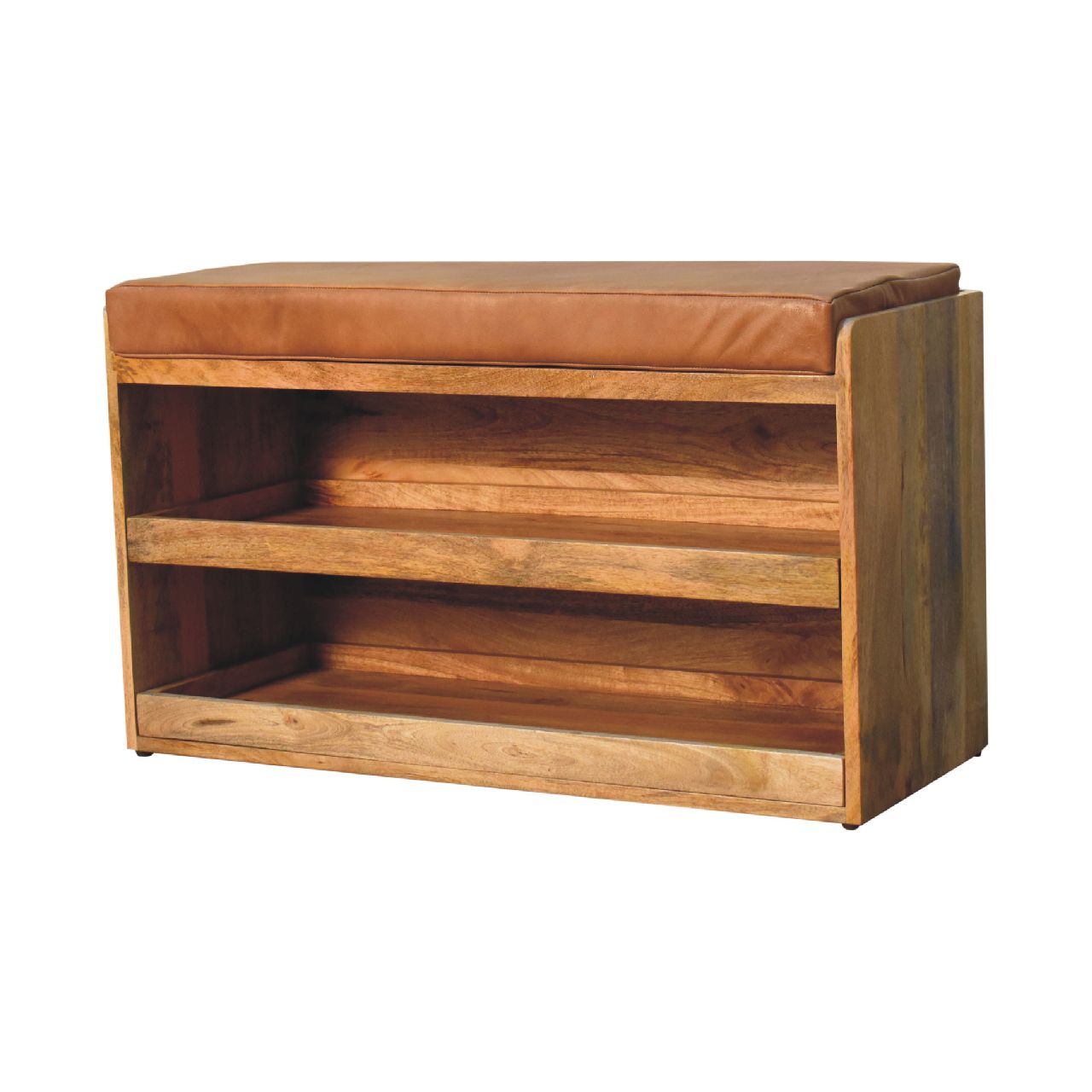 Solid Mango Wood Oak Finished Tan Leather Shoe Storage Bench - Image 2