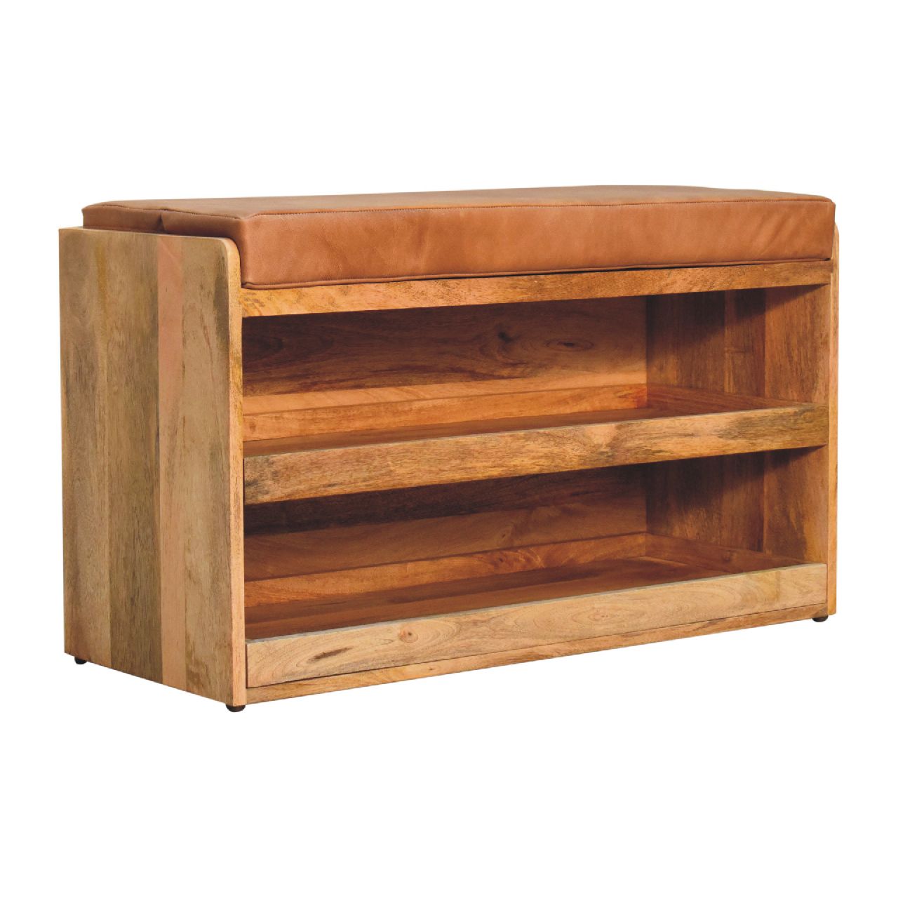 Solid Mango Wood Oak Finished Tan Leather Shoe Storage Bench - Image 3