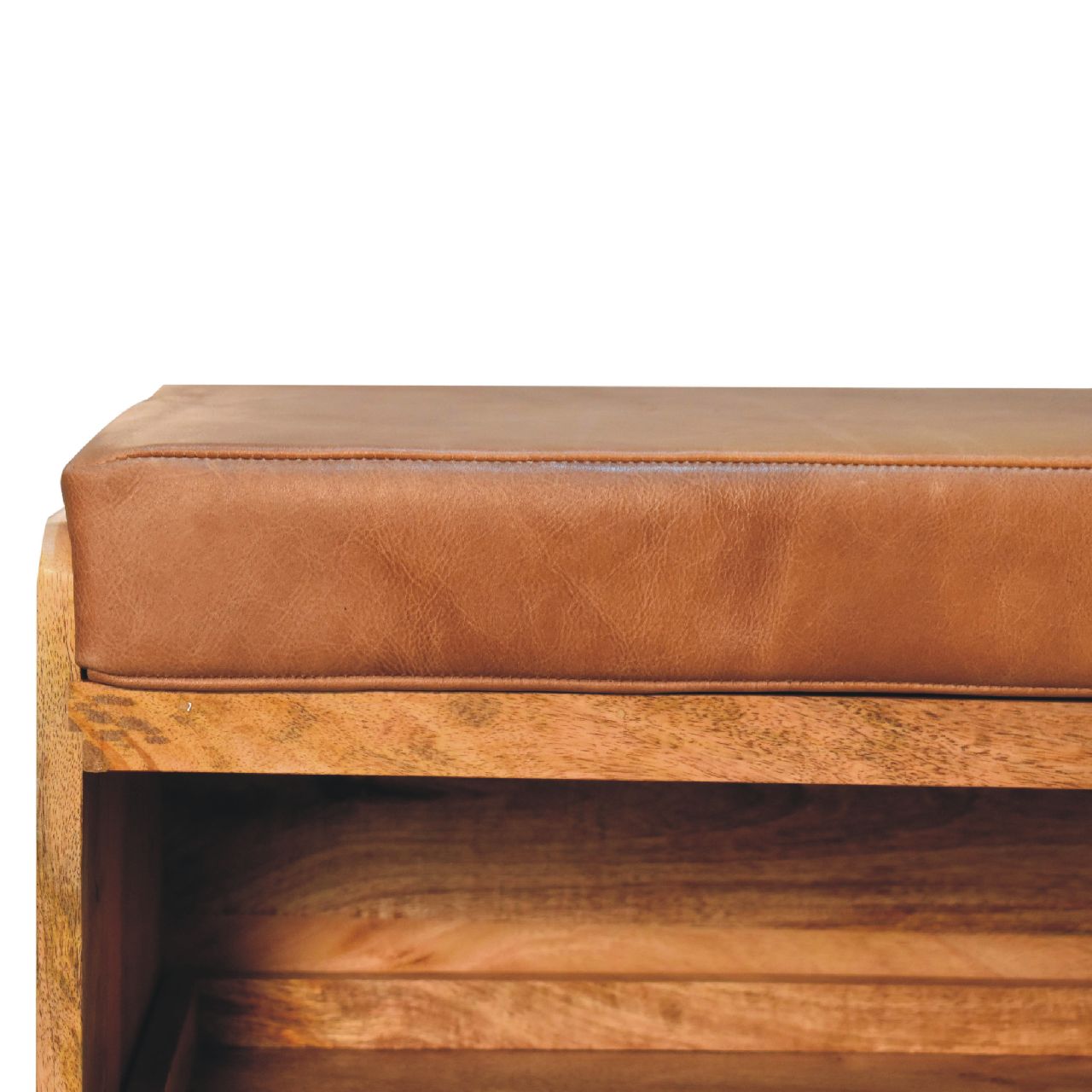 Solid Mango Wood Oak Finished Tan Leather Shoe Storage Bench - Image 4