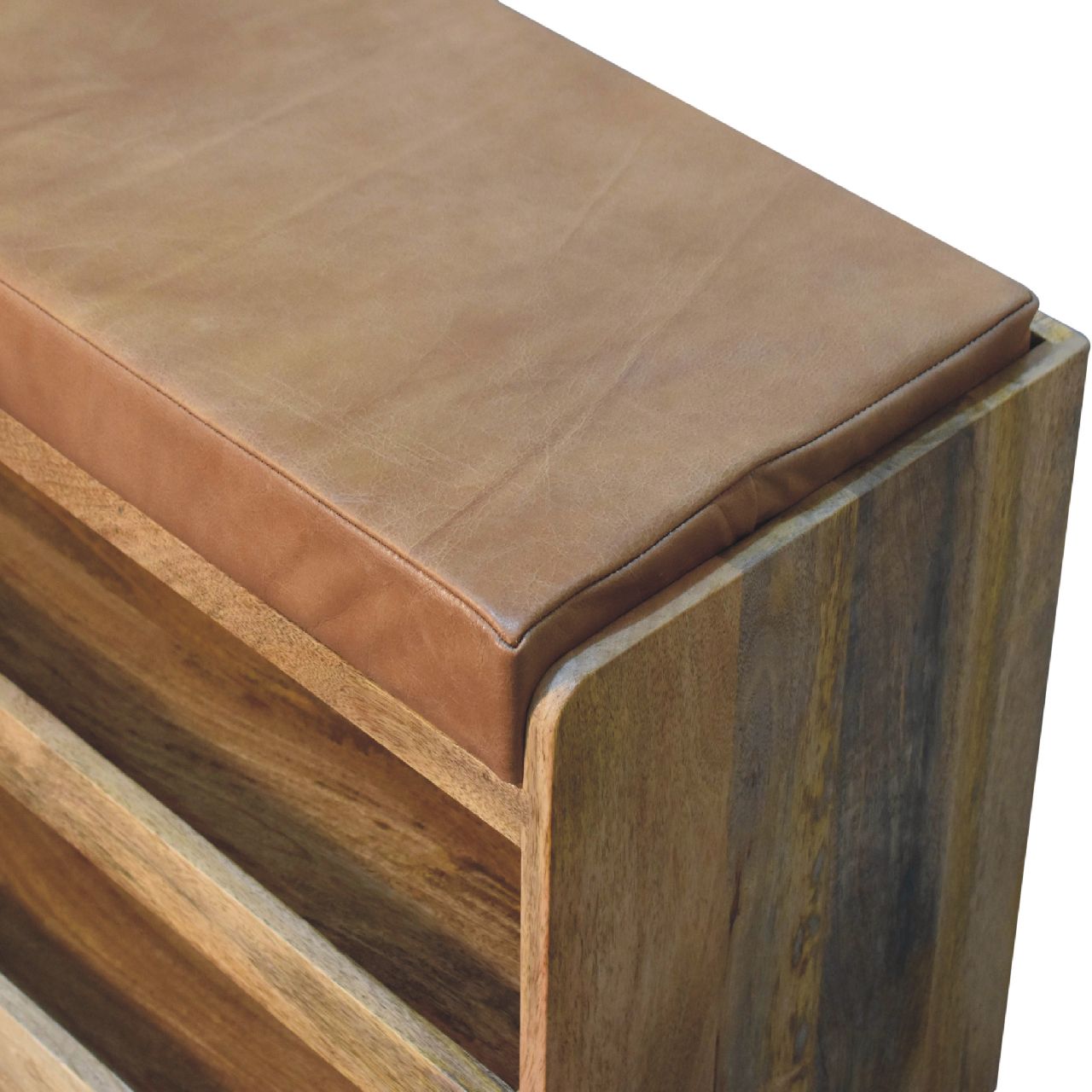 Solid Mango Wood Oak Finished Tan Leather Shoe Storage Bench - Image 5