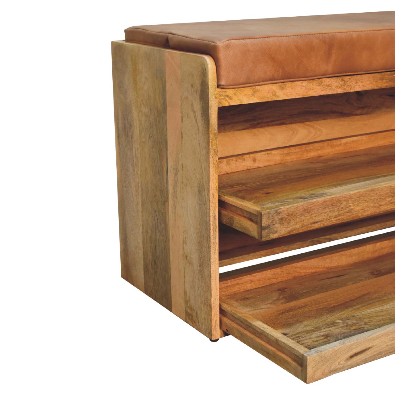 Solid Mango Wood Oak Finished Tan Leather Shoe Storage Bench - Image 6