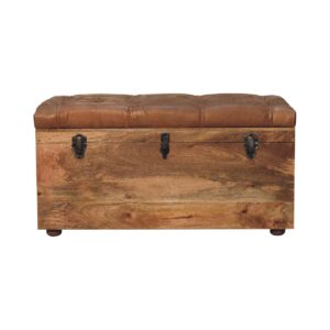 Solid Mango Wood Oak Finished Brown Leather Upholstered Storage Trunk