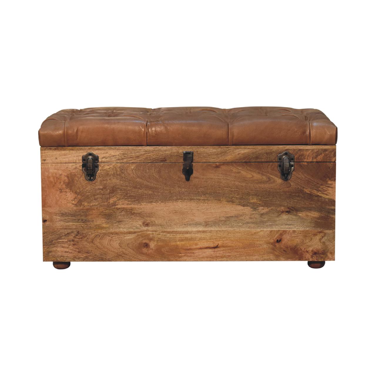 Solid Mango Wood Oak Finished Brown Leather Upholstered Storage Trunk