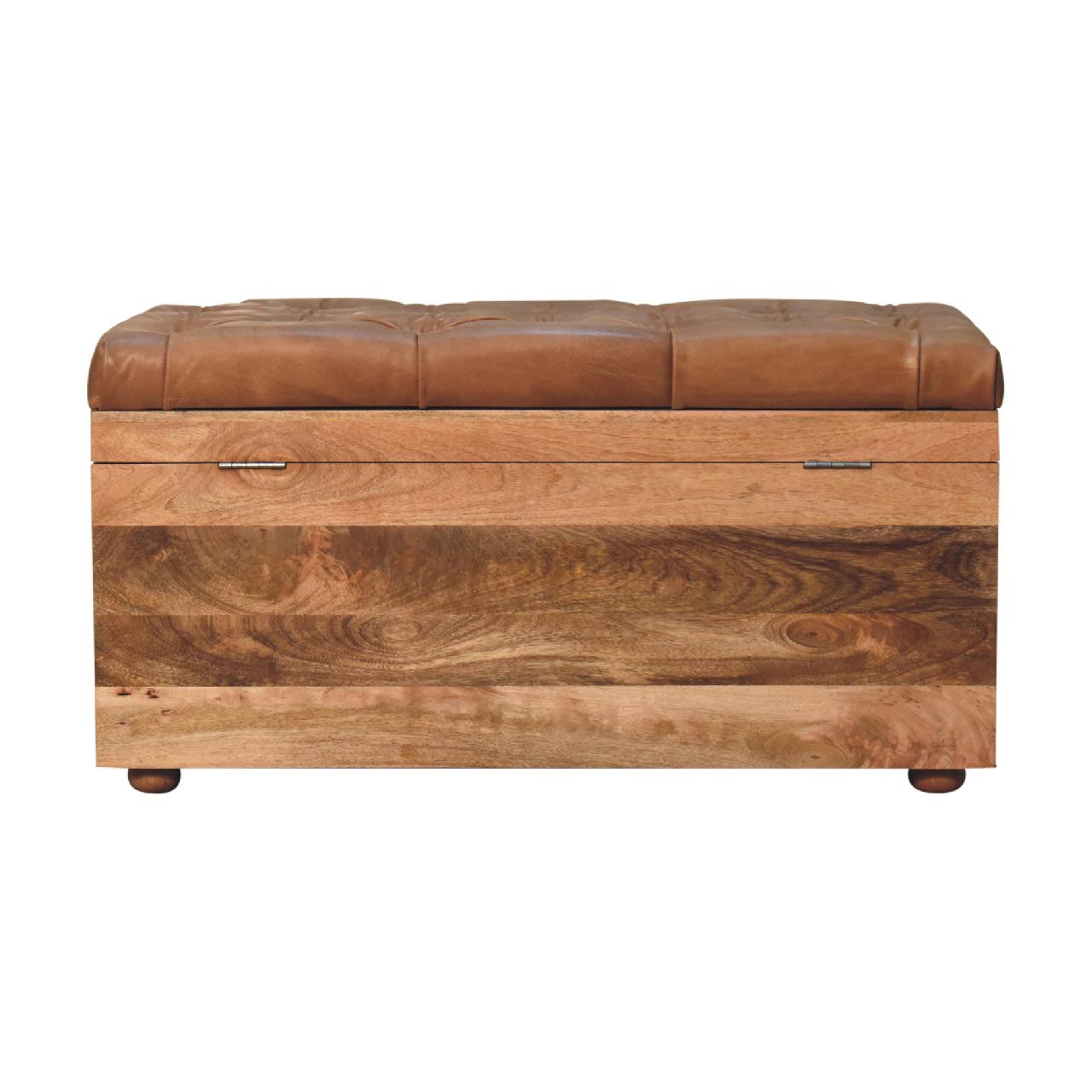 Solid Mango Wood Oak Finished Brown Leather Upholstered Storage Trunk - Image 10
