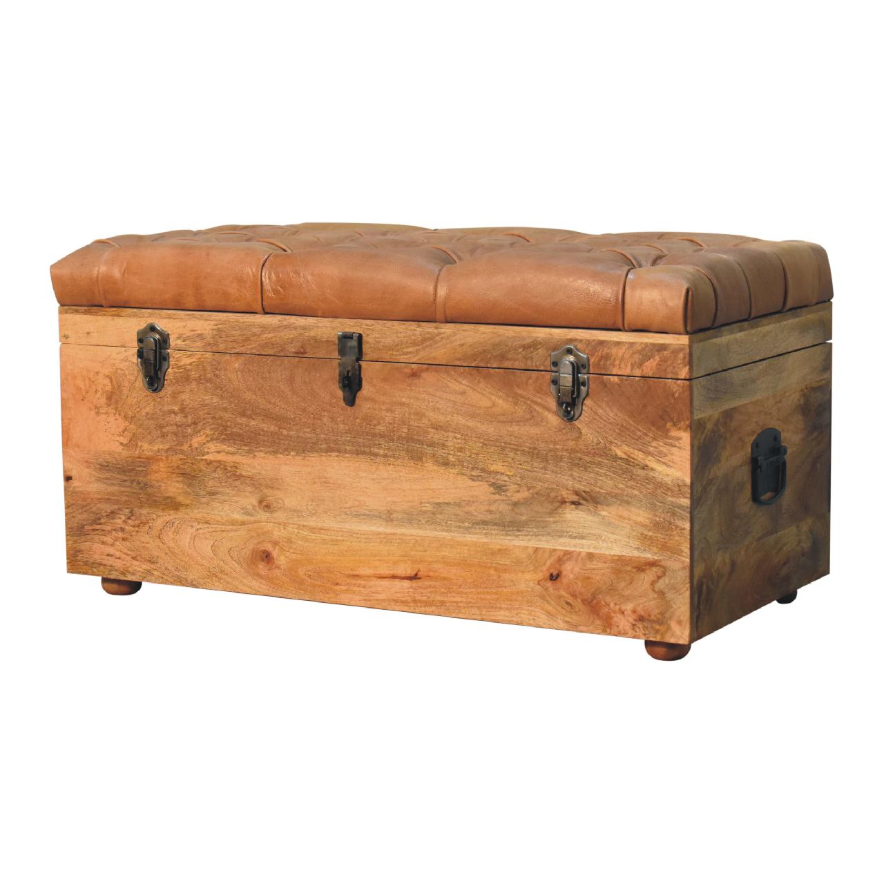Solid Mango Wood Oak Finished Brown Leather Upholstered Storage Trunk - Image 2