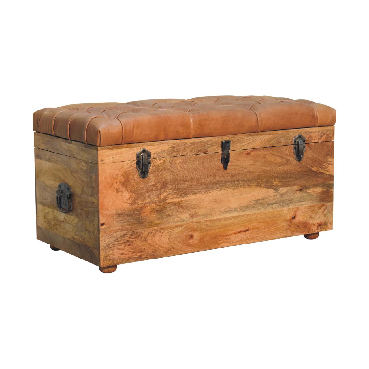 Solid Mango Wood Oak Finished Brown Leather Upholstered Storage Trunk - Image 3