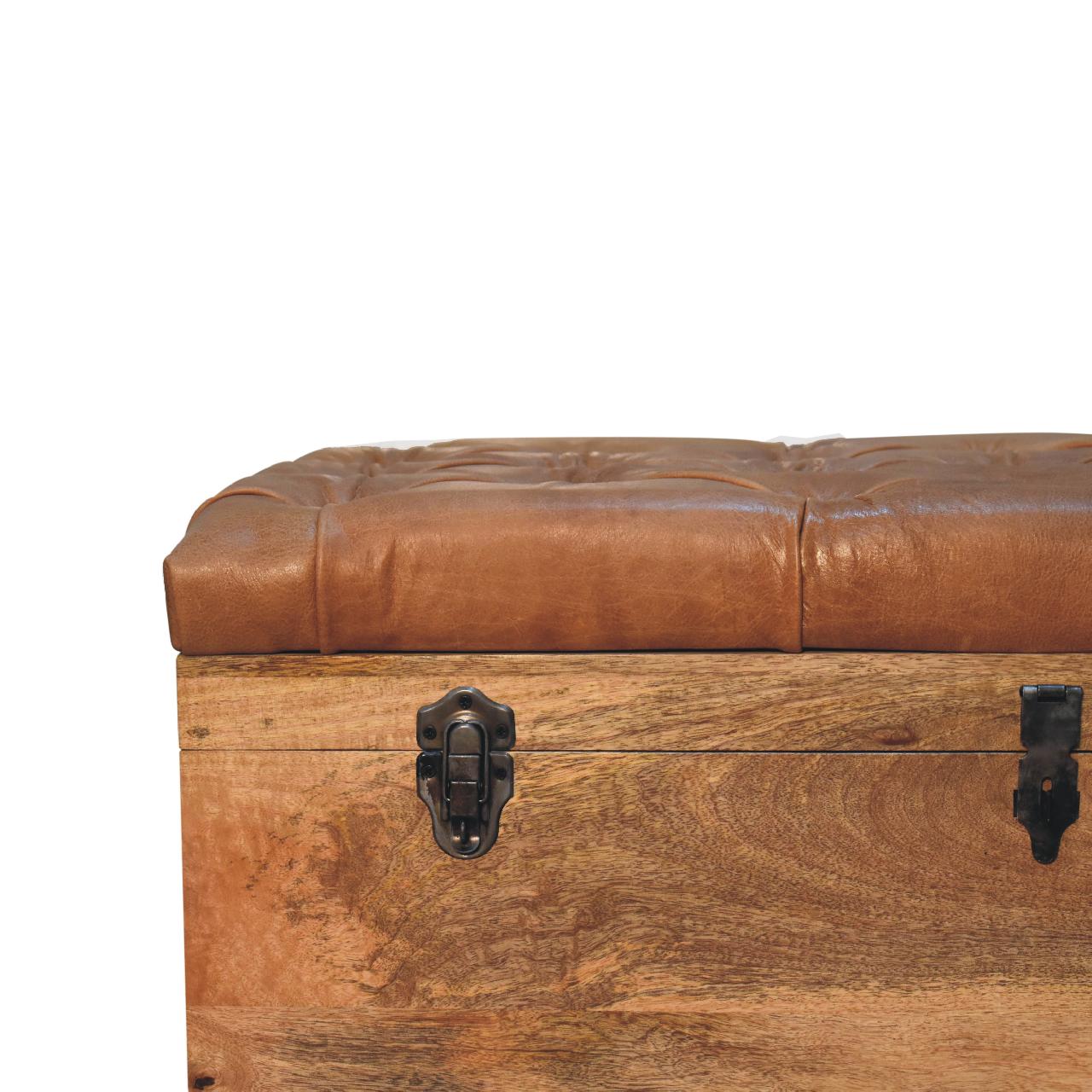 Solid Mango Wood Oak Finished Brown Leather Upholstered Storage Trunk - Image 4