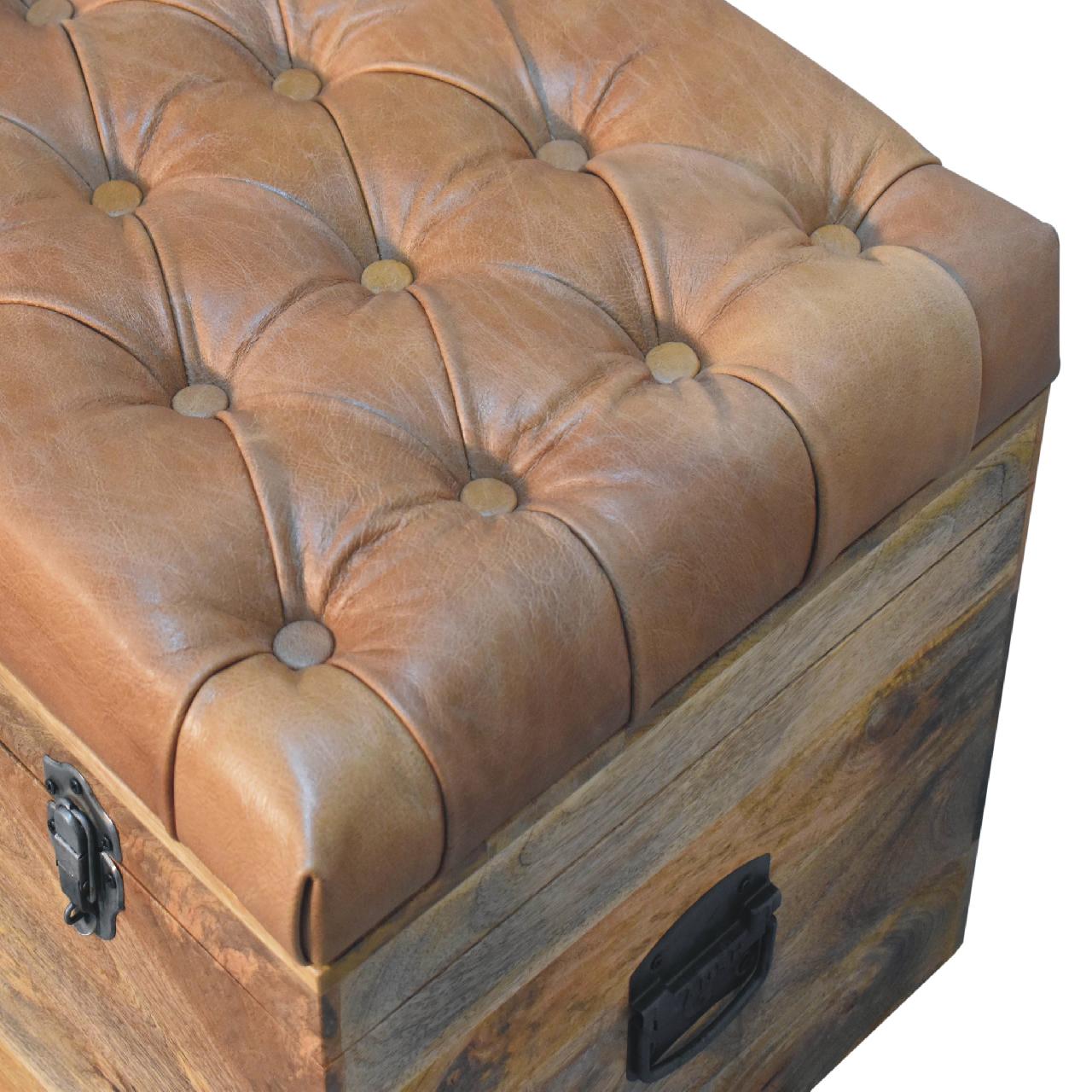 Solid Mango Wood Oak Finished Brown Leather Upholstered Storage Trunk - Image 5