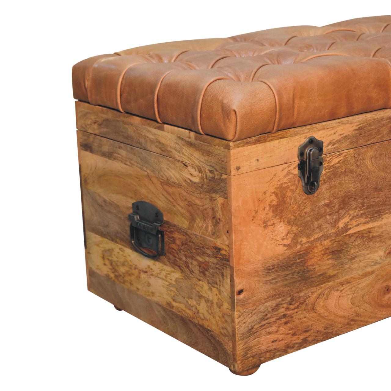 Solid Mango Wood Oak Finished Brown Leather Upholstered Storage Trunk - Image 6
