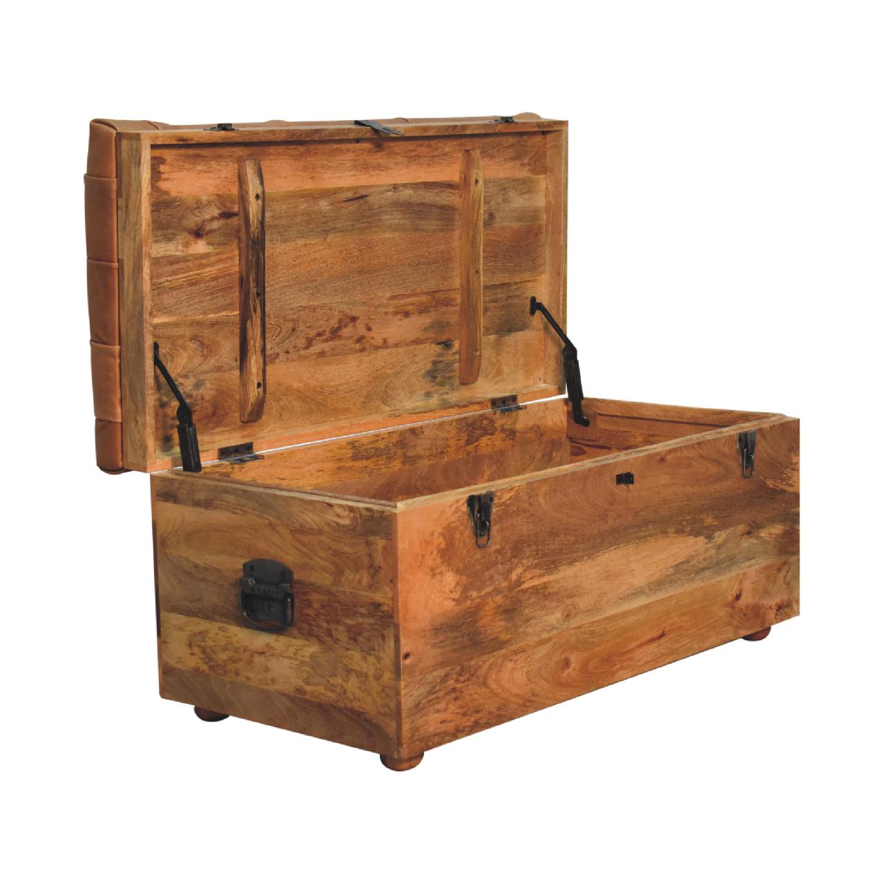 Solid Mango Wood Oak Finished Brown Leather Upholstered Storage Trunk - Image 7