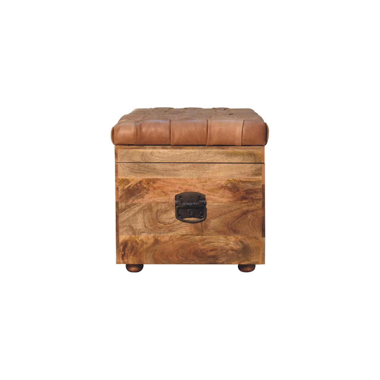 Solid Mango Wood Oak Finished Brown Leather Upholstered Storage Trunk - Image 9