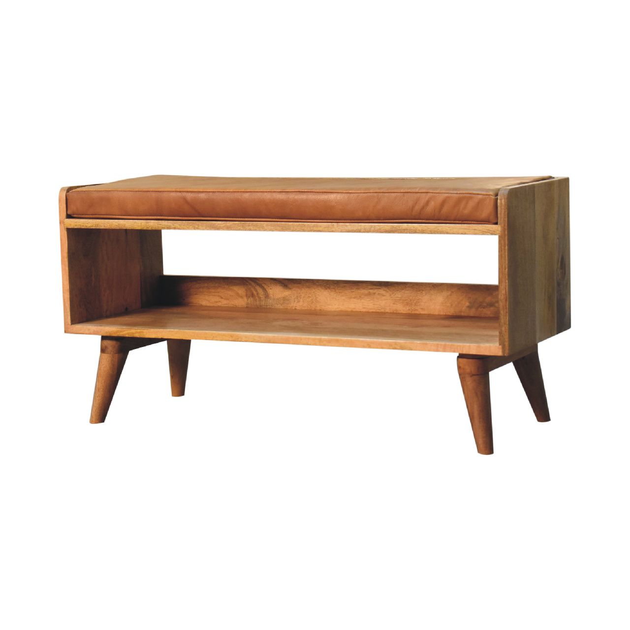 Solid Mango Wood Oak Finished Bench with Tan Leather Seat Pad - Image 2