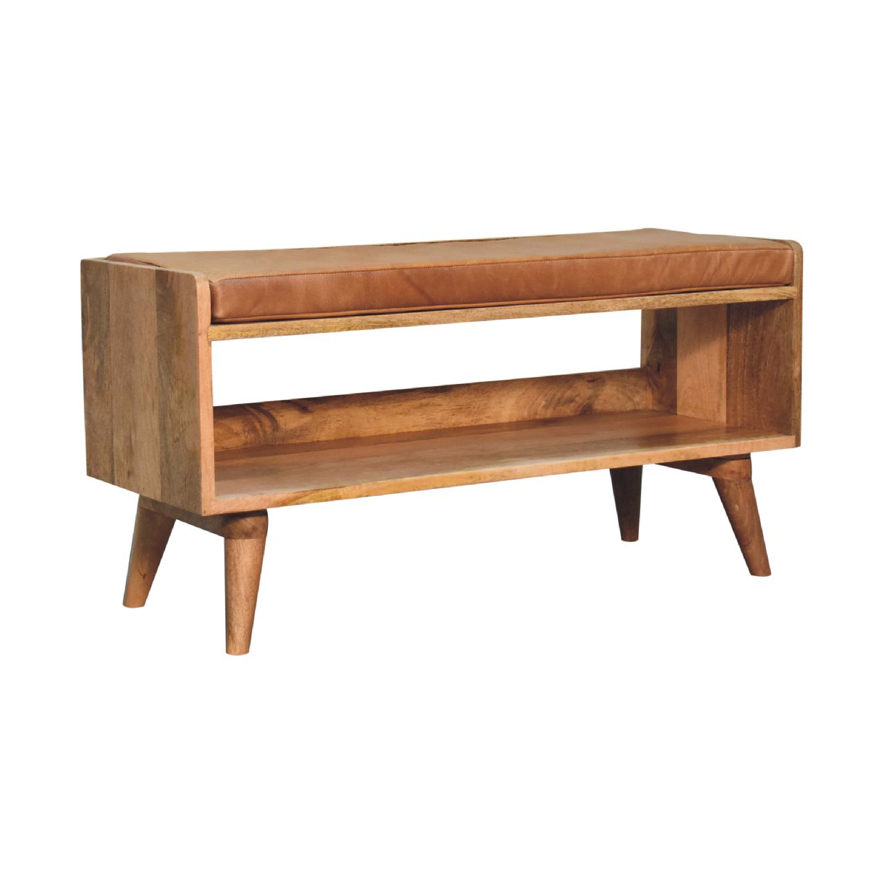 Solid Mango Wood Oak Finished Bench with Tan Leather Seat Pad - Image 3