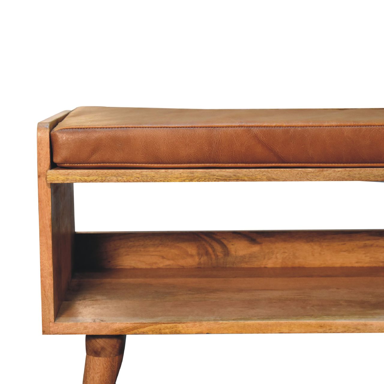 Solid Mango Wood Oak Finished Bench with Tan Leather Seat Pad - Image 4