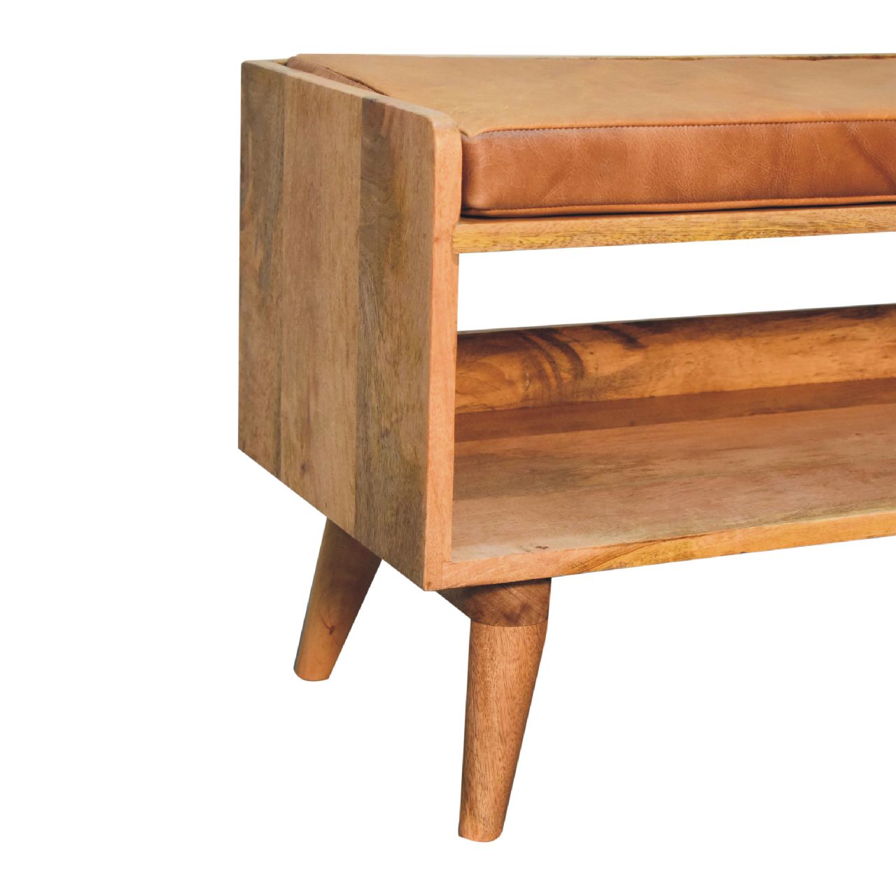Solid Mango Wood Oak Finished Bench with Tan Leather Seat Pad - Image 6