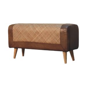 Solid Mango Wood Chestnut Finished Large Seagrass & Leather Upholstered Nordic Bench