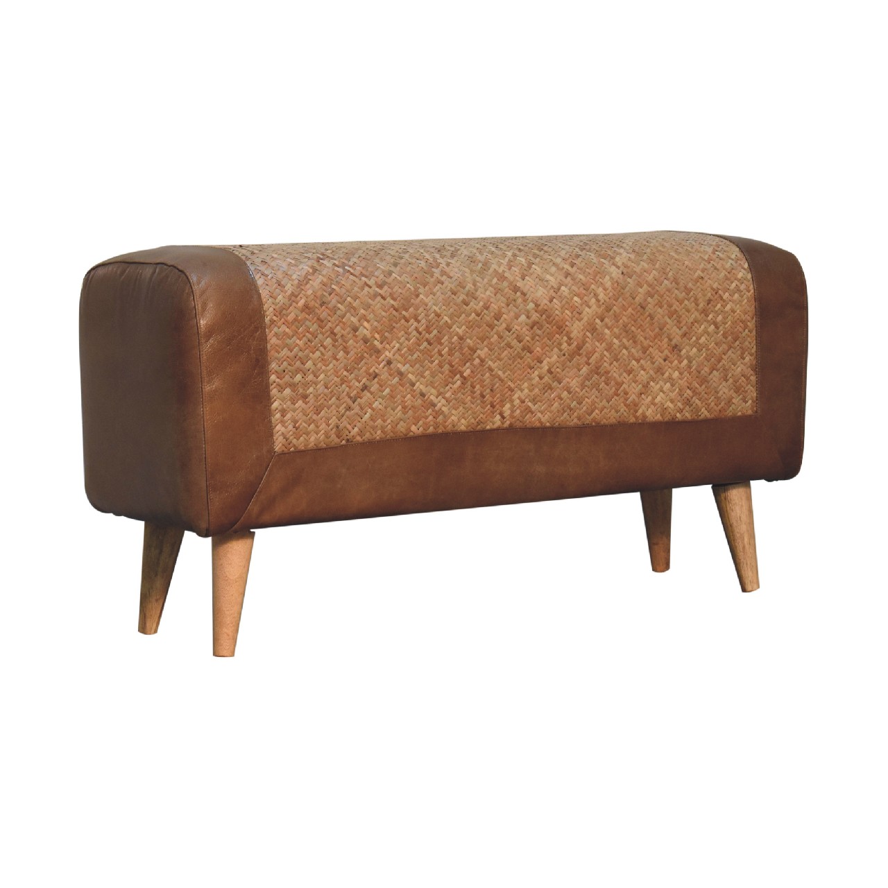 Solid Mango Wood Chestnut Finished Large Seagrass & Leather Upholstered Nordic Bench - Image 2