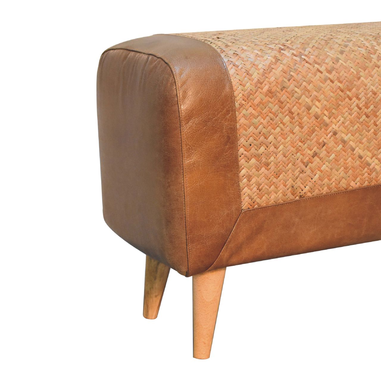 Solid Mango Wood Chestnut Finished Large Seagrass & Leather Upholstered Nordic Bench - Image 3