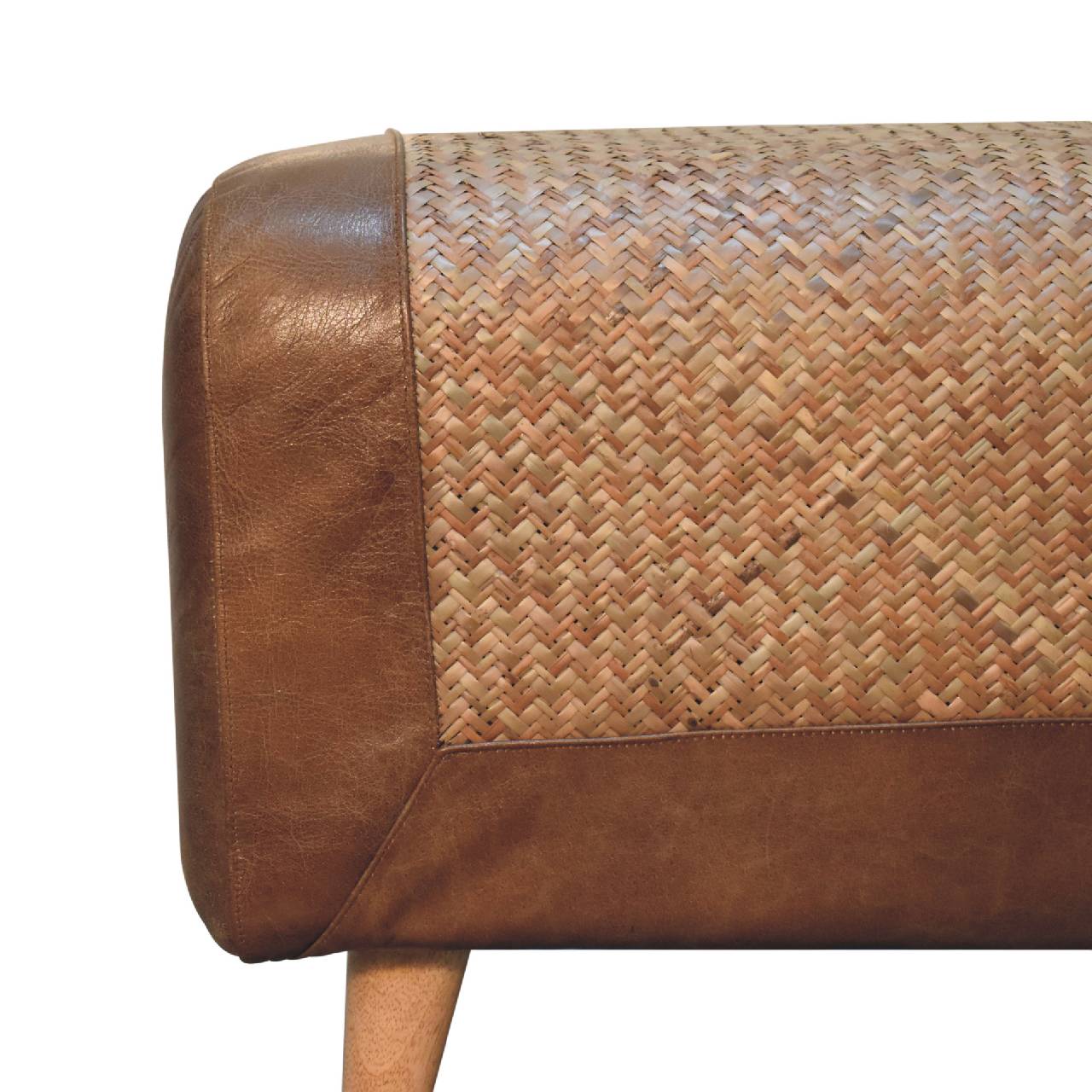 Solid Mango Wood Chestnut Finished Large Seagrass & Leather Upholstered Nordic Bench - Image 5