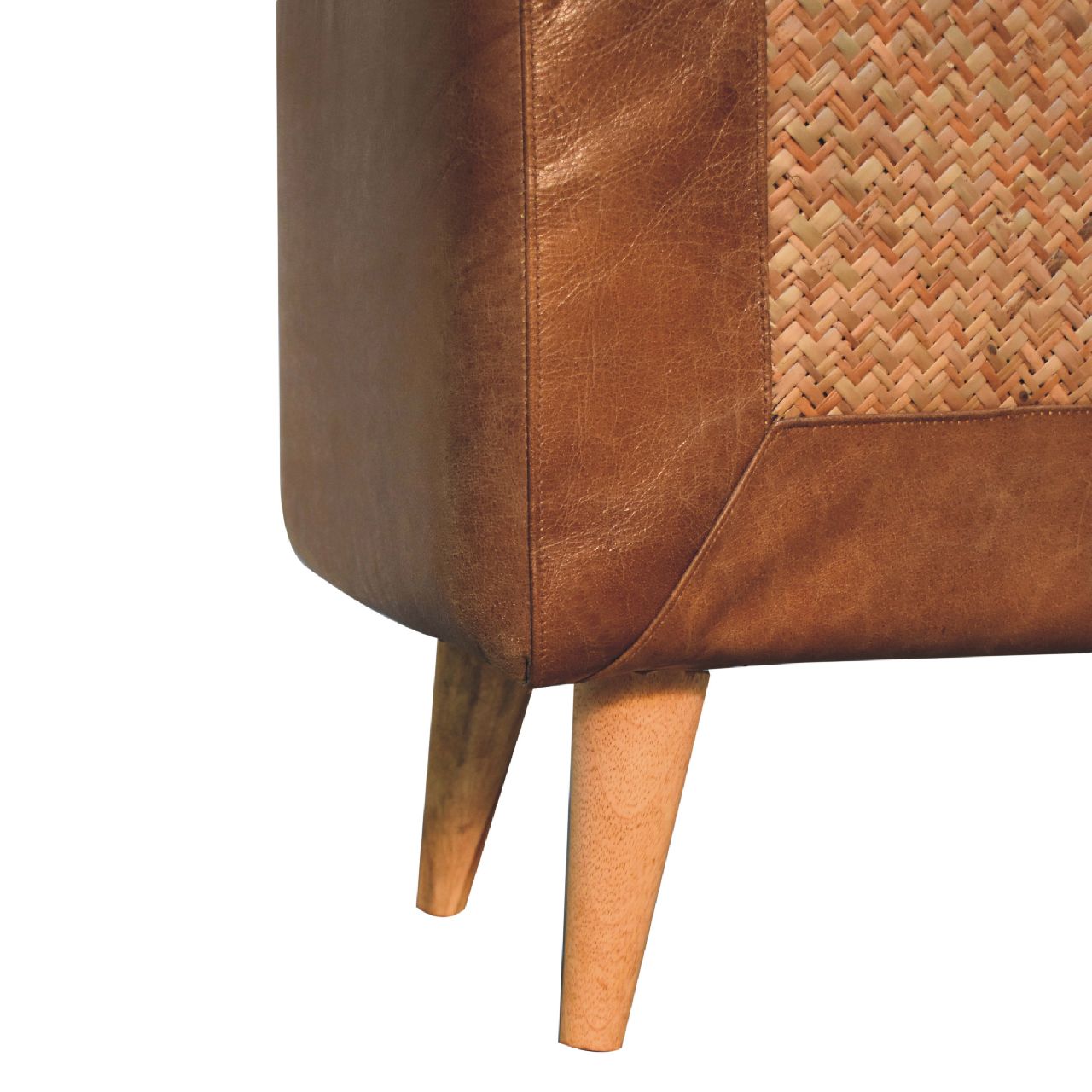 Solid Mango Wood Chestnut Finished Large Seagrass & Leather Upholstered Nordic Bench - Image 6