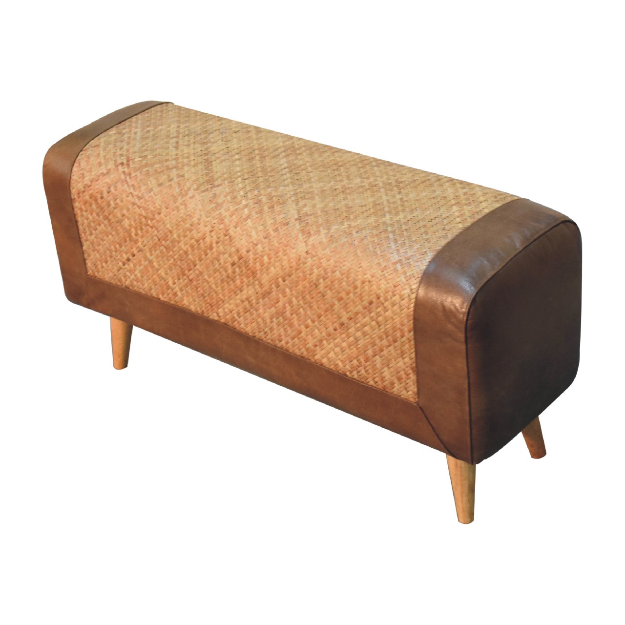 Solid Mango Wood Chestnut Finished Large Seagrass & Leather Upholstered Nordic Bench - Image 7