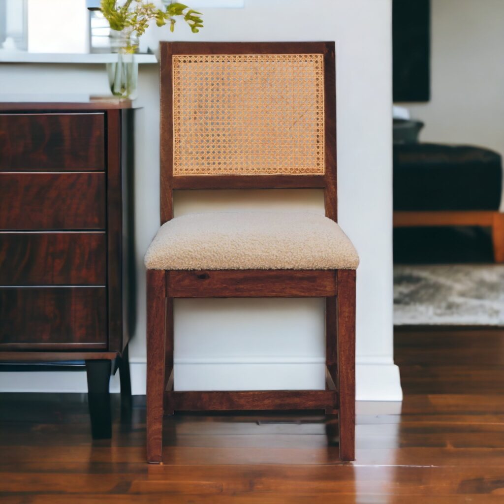 Solid Mango Wood Chestnut Finished Cream Boucle Rattan Chair