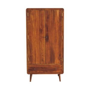 Solid Mango Wood Chestnut Finished 2 Door 1 Drawer Gents Curved Wardrobe