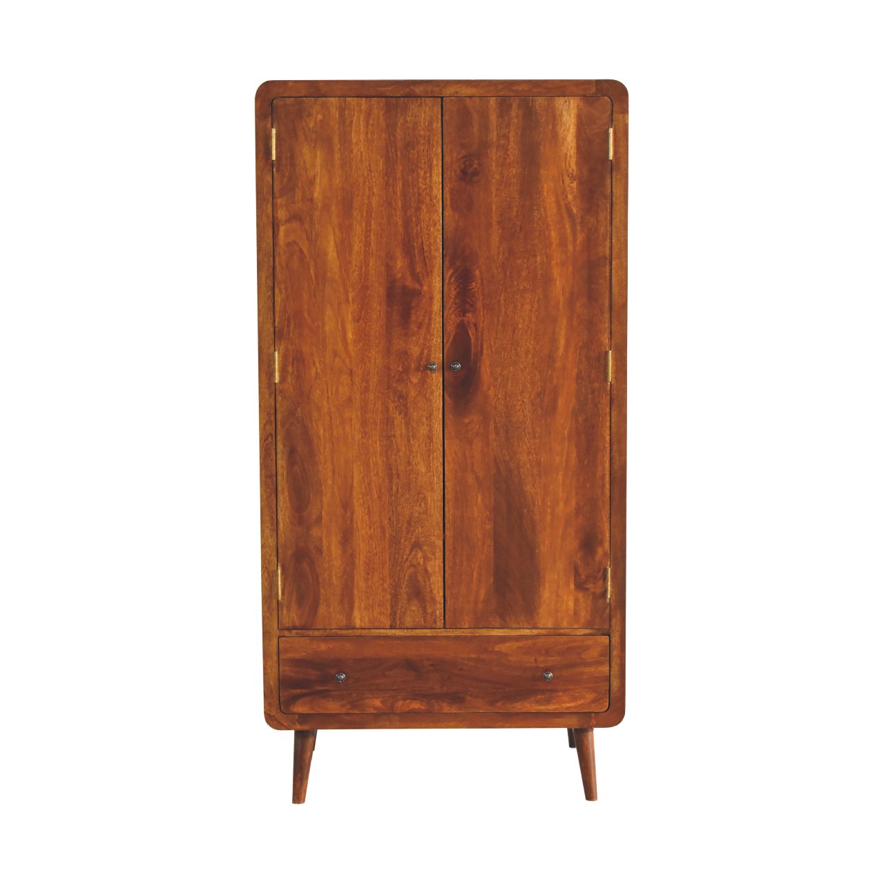 Solid Mango Wood Chestnut Finished 2 Door 1 Drawer Gents Curved Wardrobe