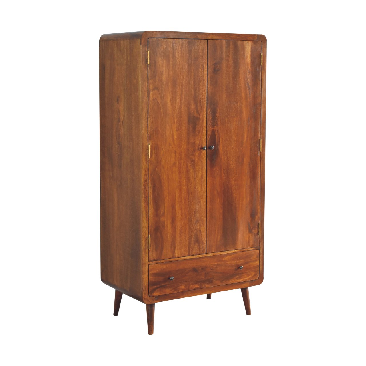 Solid Mango Wood Chestnut Finished 2 Door 1 Drawer Gents Curved Wardrobe - Image 2