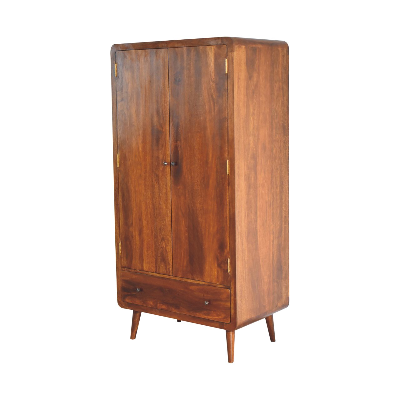 Solid Mango Wood Chestnut Finished 2 Door 1 Drawer Gents Curved Wardrobe - Image 3