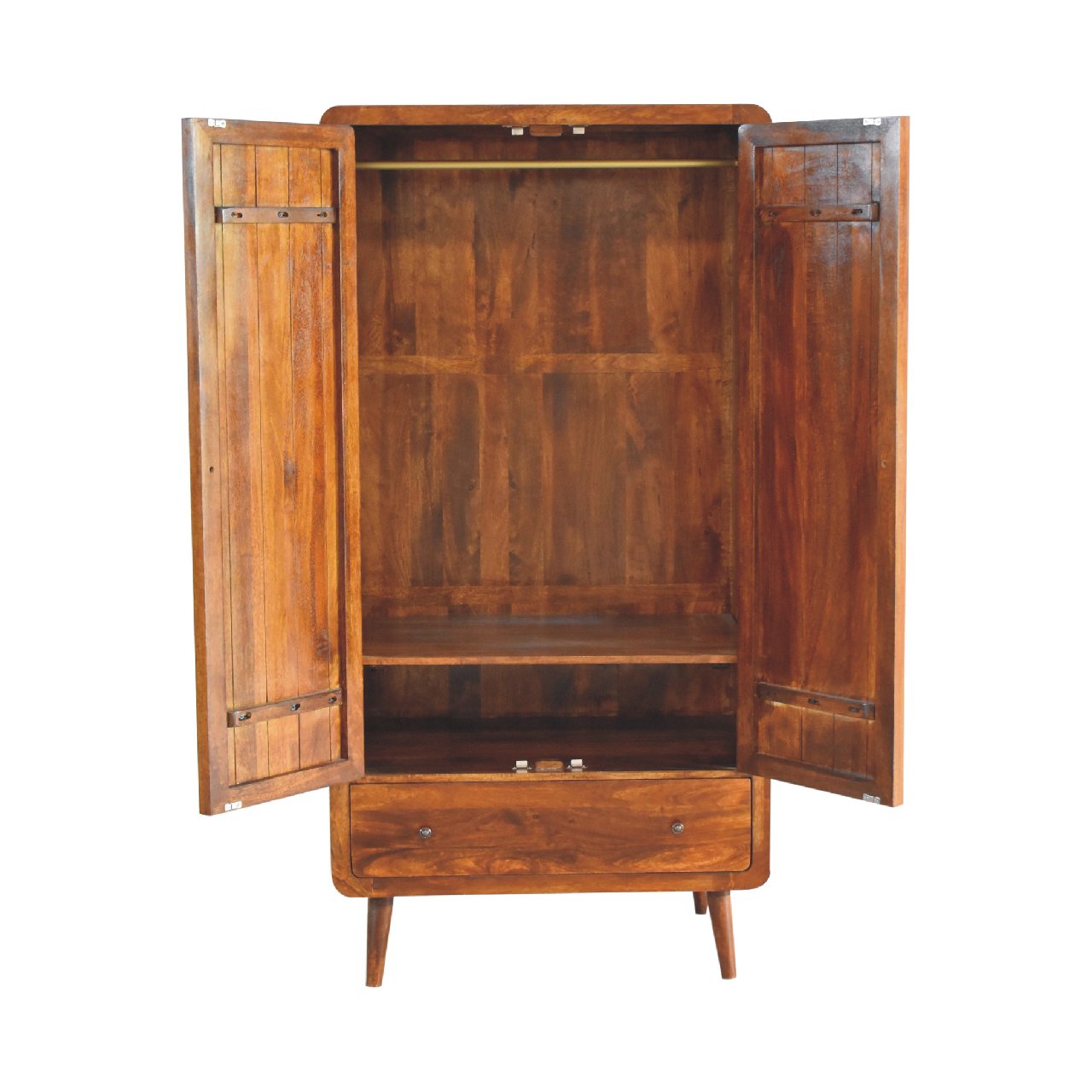Solid Mango Wood Chestnut Finished 2 Door 1 Drawer Gents Curved Wardrobe - Image 7