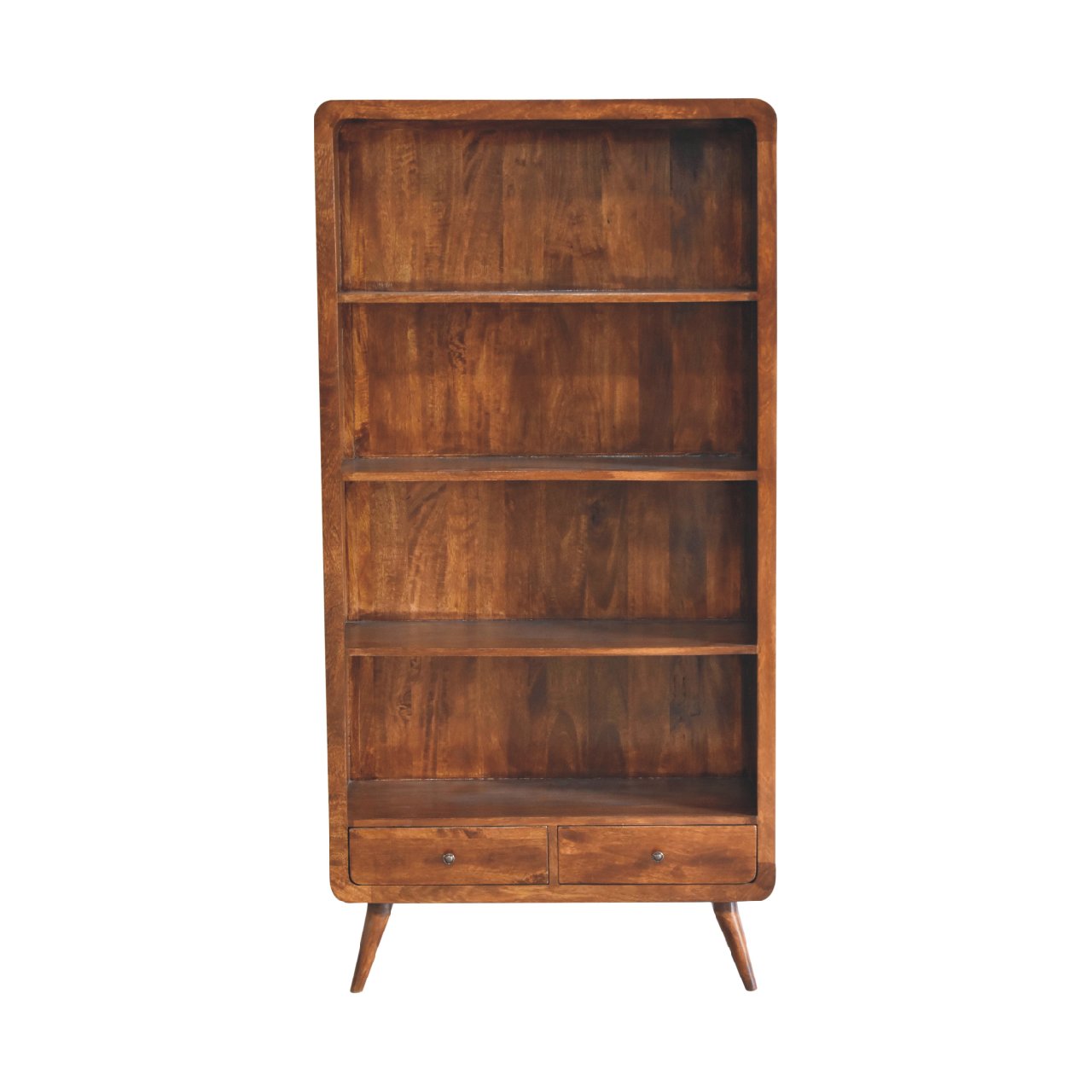 Solid Mango Wood Chestnut Finished 4 Shelf Curved Bookcase