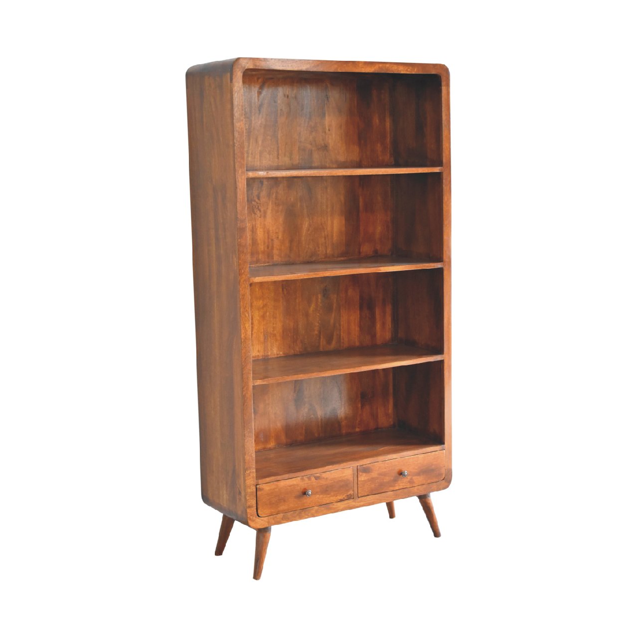Solid Mango Wood Chestnut Finished 4 Shelf Curved Bookcase - Image 2