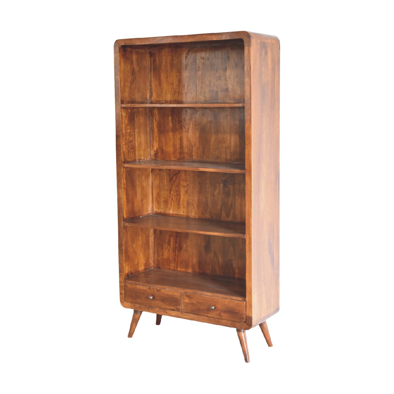 Solid Mango Wood Chestnut Finished 4 Shelf Curved Bookcase - Image 3