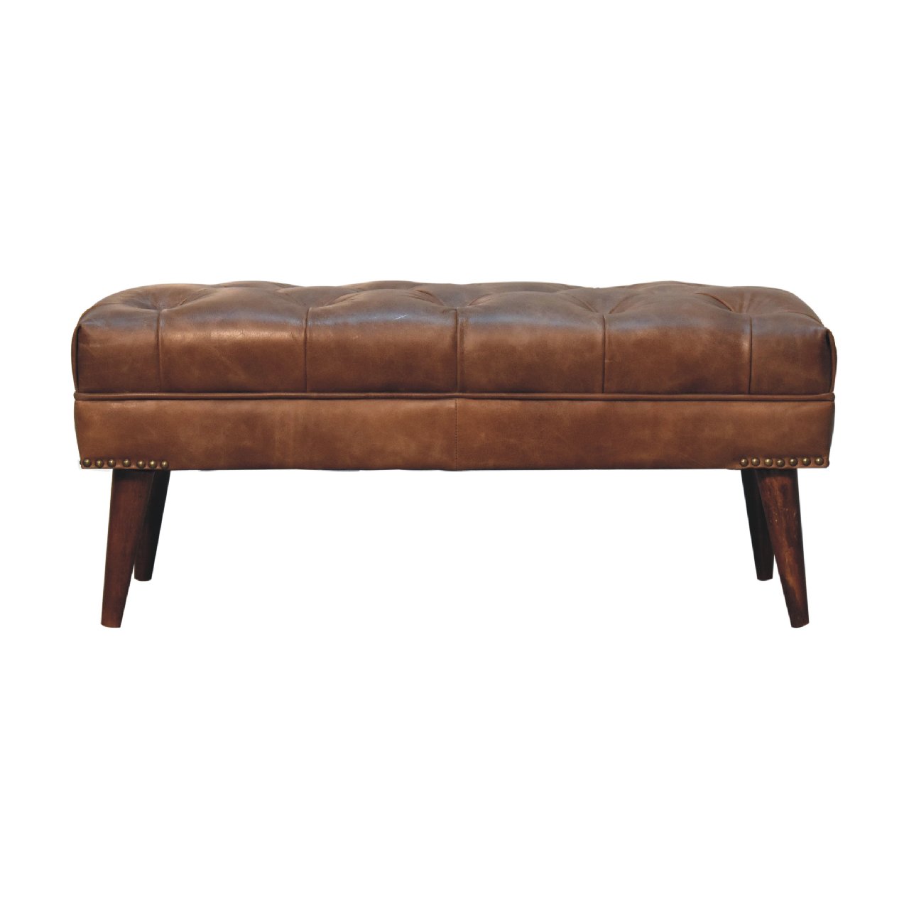 Solid Mango Wood Chestnut Finished Harbour Brown Leather Upholstered Bench