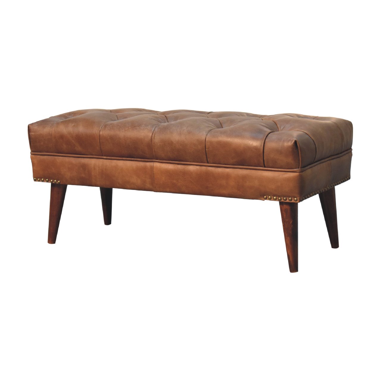 Solid Mango Wood Chestnut Finished Harbour Brown Leather Upholstered Bench - Image 2
