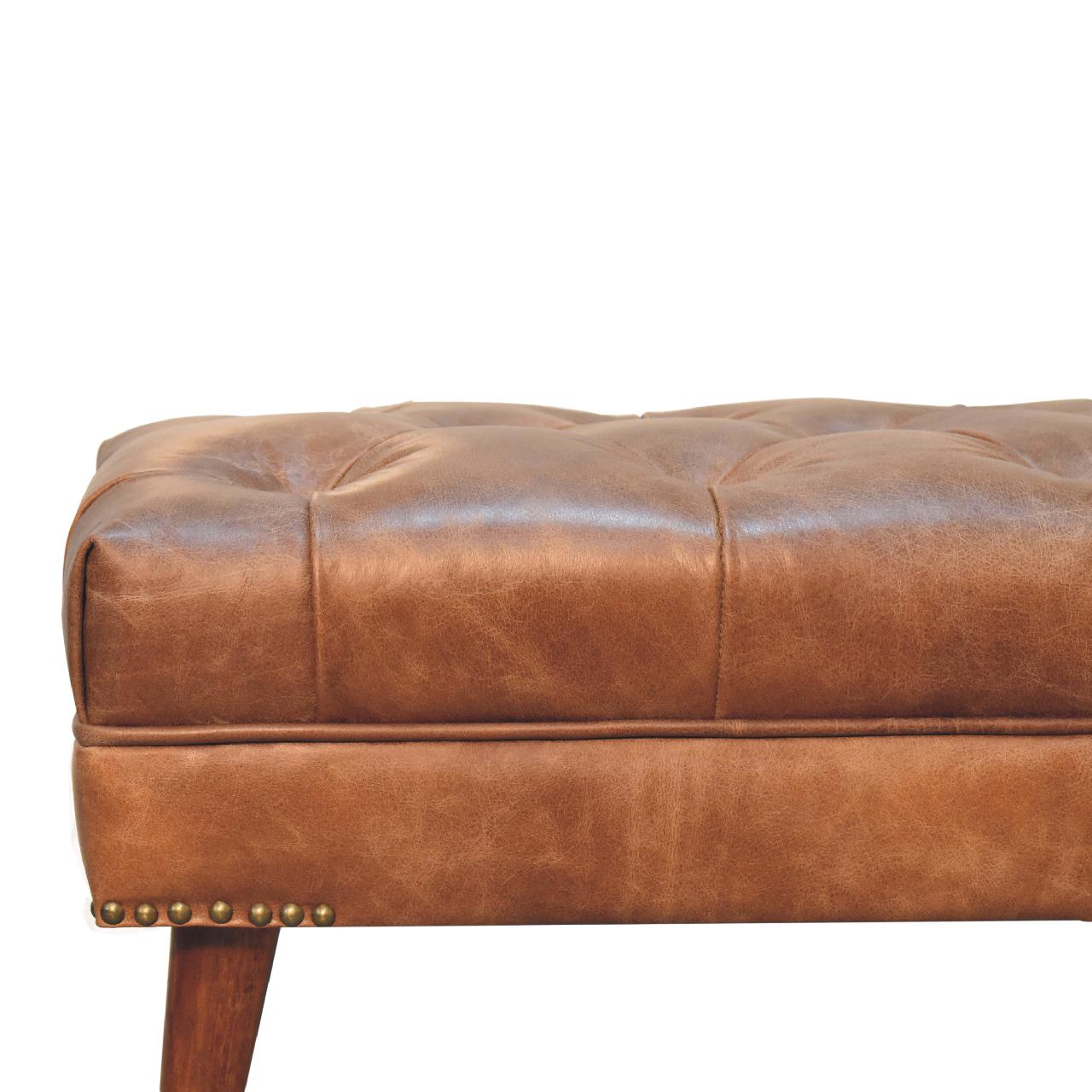 Solid Mango Wood Chestnut Finished Harbour Brown Leather Upholstered Bench - Image 4