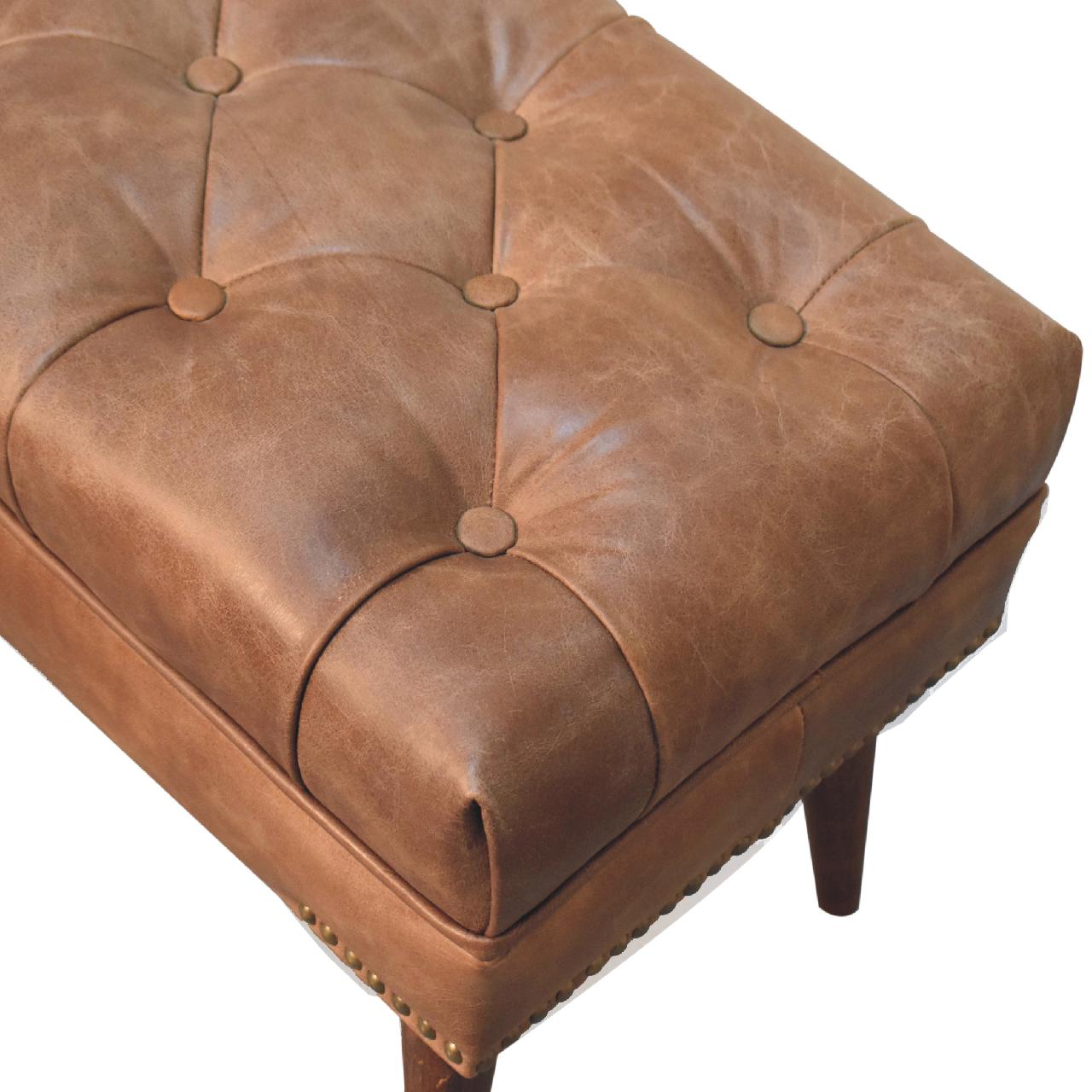 Solid Mango Wood Chestnut Finished Harbour Brown Leather Upholstered Bench - Image 5