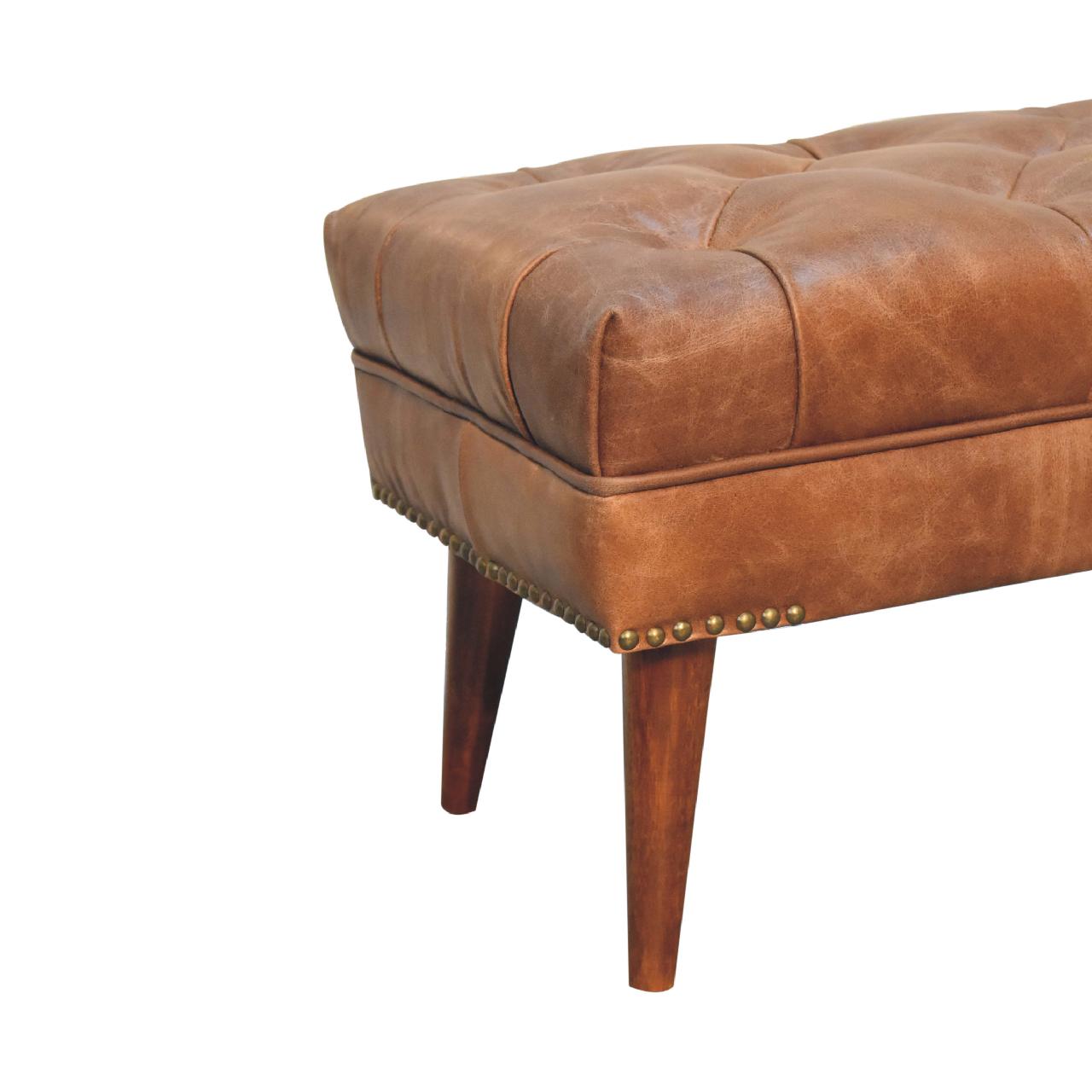 Solid Mango Wood Chestnut Finished Harbour Brown Leather Upholstered Bench - Image 6