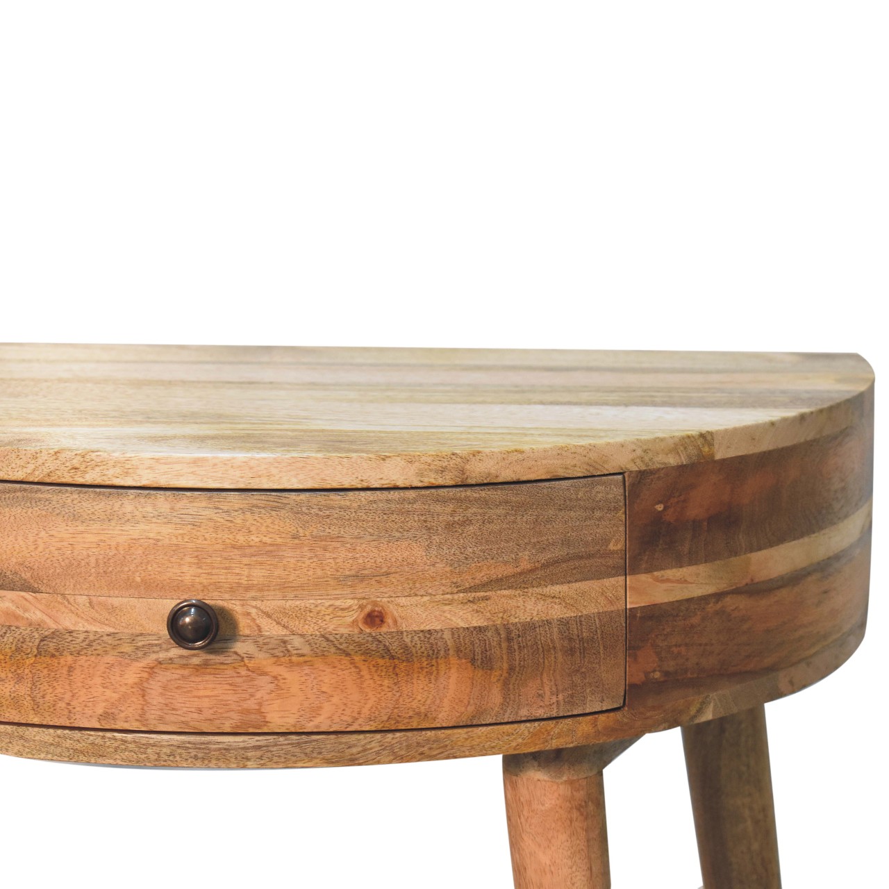 Solid Mango Wood Oak Finished 1 Drawer Semi Circular Odyssey Console Table - Image 4