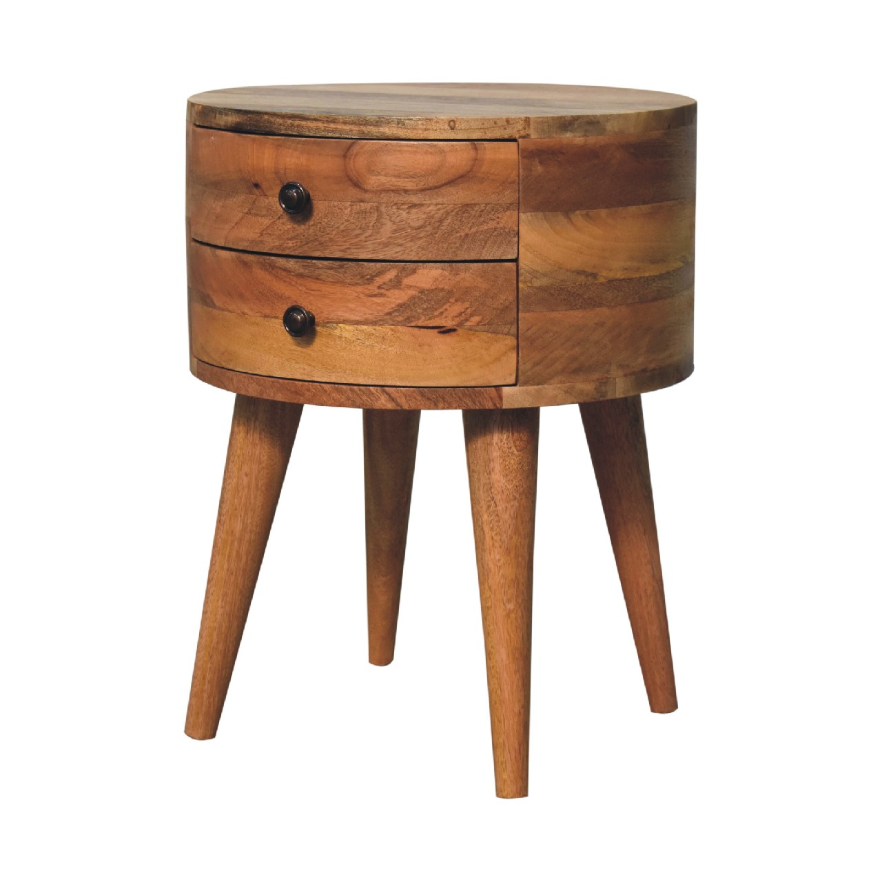 Solid Mango Wood Oak Finished 2 Drawer Rounded Odyssey Bedside - Image 2