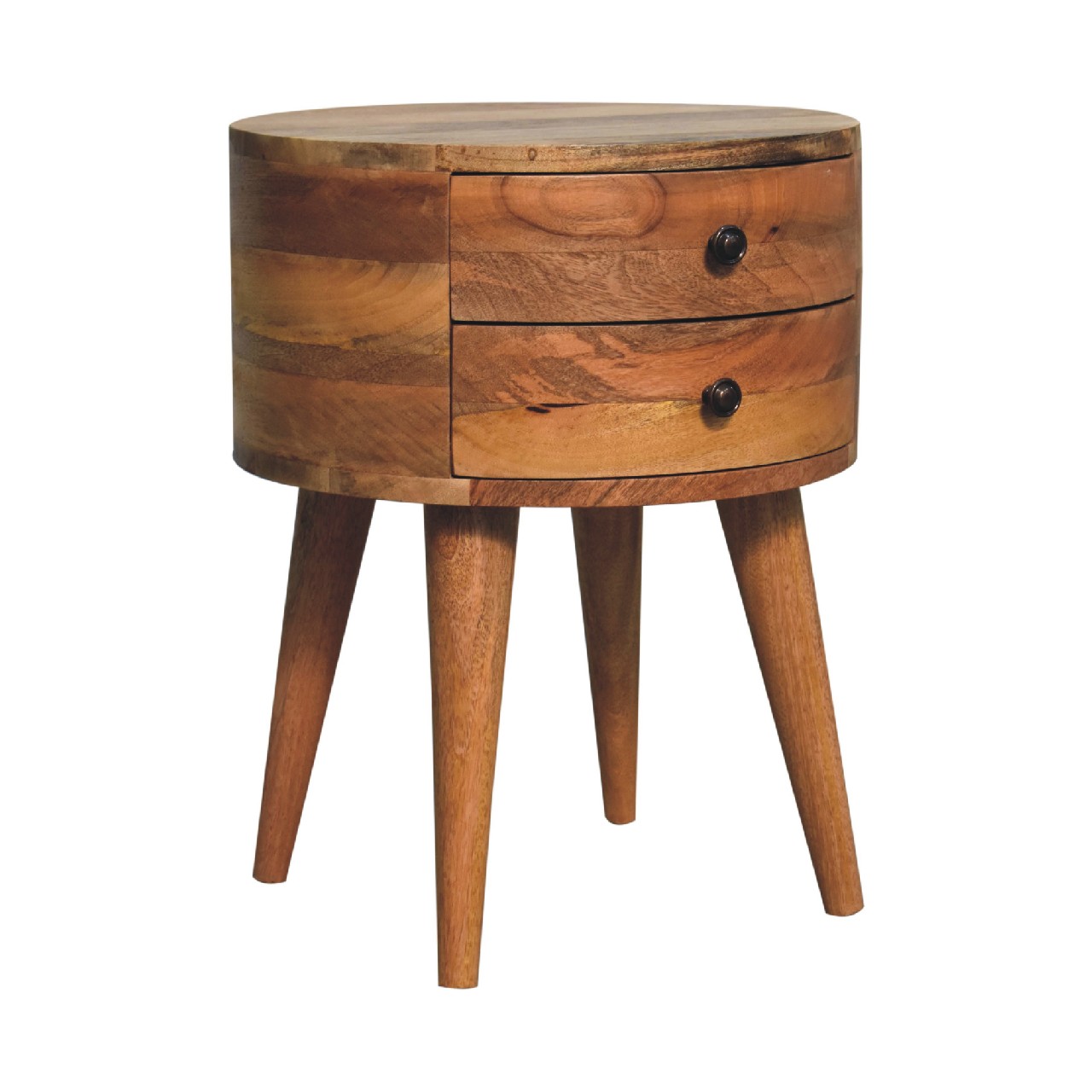 Solid Mango Wood Oak Finished 2 Drawer Rounded Odyssey Bedside - Image 3